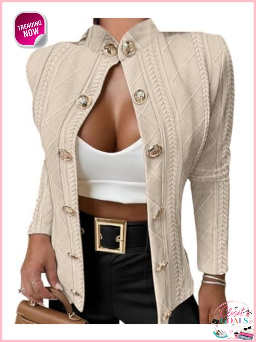 Argyle Cable Knit Cropped Jacket Stand Collar Coat